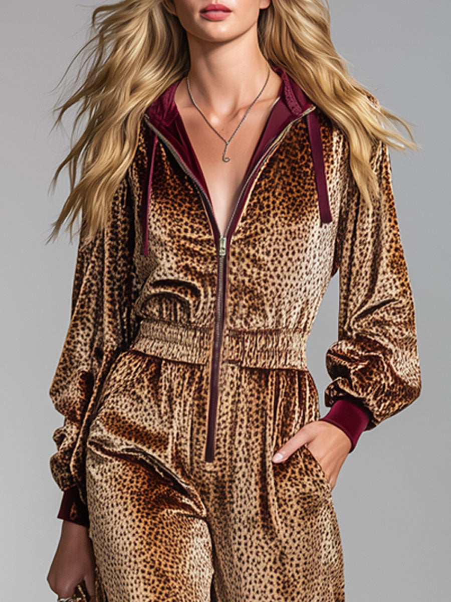 Vintage Long-Sleeved Leopard-Print Velvet Color-Block Hooded Wide-Leg Jumpsuit