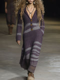 Retro Casual Grape Purple Woolen Ribbed Hooded Maxi Dress