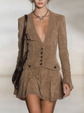 Retro-Chic Light Brown Faux Suede Lace Long-Sleeved Mini Pleated Skirt Set