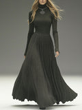 Fashionable And Elegant Gray-Green High-Neck Ribbed Woolen Maxi Dress