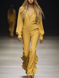 Fashion Retro Naples Yellow Washed Cotton Lapel Jumpsuit