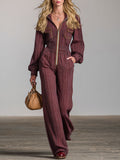 Retro Long-Sleeved Purple Plaid Elastic Waist Wide-Leg Jumpsuit