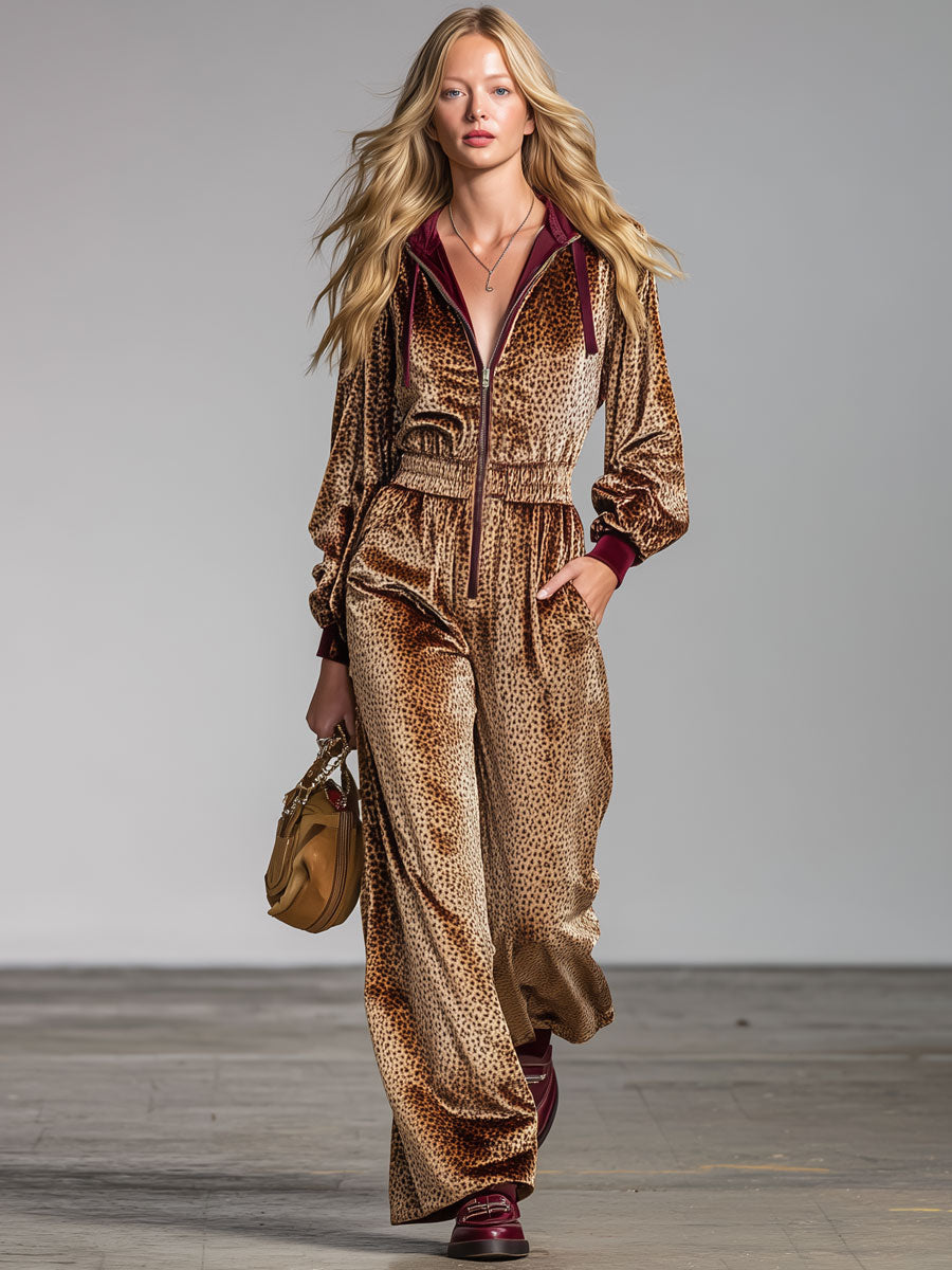 Vintage Long-Sleeved Leopard-Print Velvet Color-Block Hooded Wide-Leg Jumpsuit