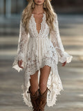 Retro White Lace V-Neck Long Sleeve Short Front And Long Back Skirt Maxi Dress