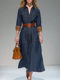 Vintage Long-Sleeved Plaid Patchwork Dark Blue Denim Midi Dress