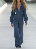 Fashion Street Blue Washed Zipper Lapel Puff Sleeve Jumpsuit