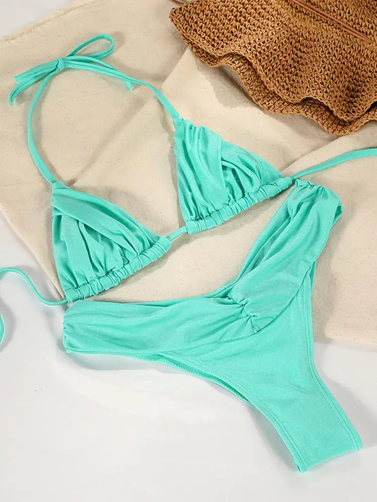Solid V Cut Triangle Halter Bikini Set