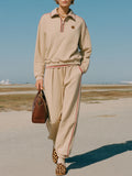 Vintage Long Sleeve Striped Trim Khaki Henley Sweatshirt Pants Set
