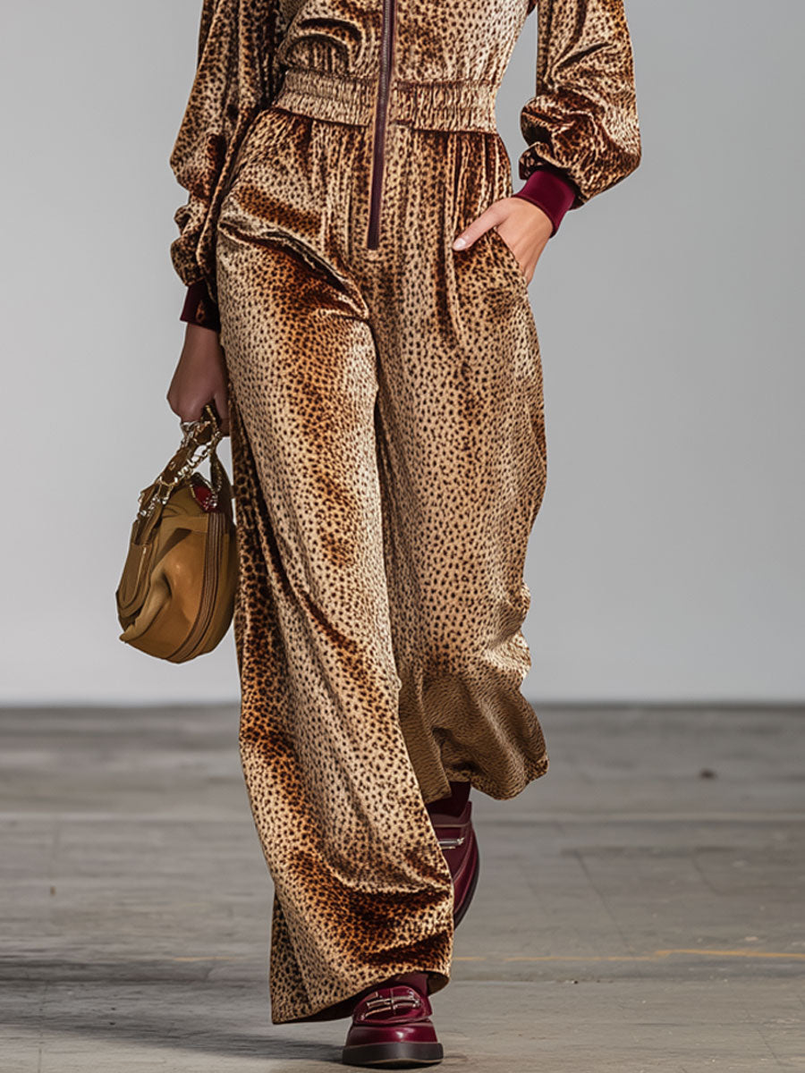 Vintage Long-Sleeved Leopard-Print Velvet Color-Block Hooded Wide-Leg Jumpsuit