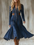Retro Fashion Dark Blue Washed Denim Fishtail Long Sleeve Midi Dress