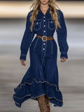 Vintage White Topstitched Dark Blue Denim Ruffled Long-Sleeved Maxi Dress