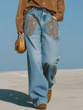 Western Retro Ethnic Embroidery Blue Wide-Leg Jeans