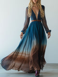 Retro Elegant Blue Brown Gradient Mesh Long Sleeve Maxi Dress