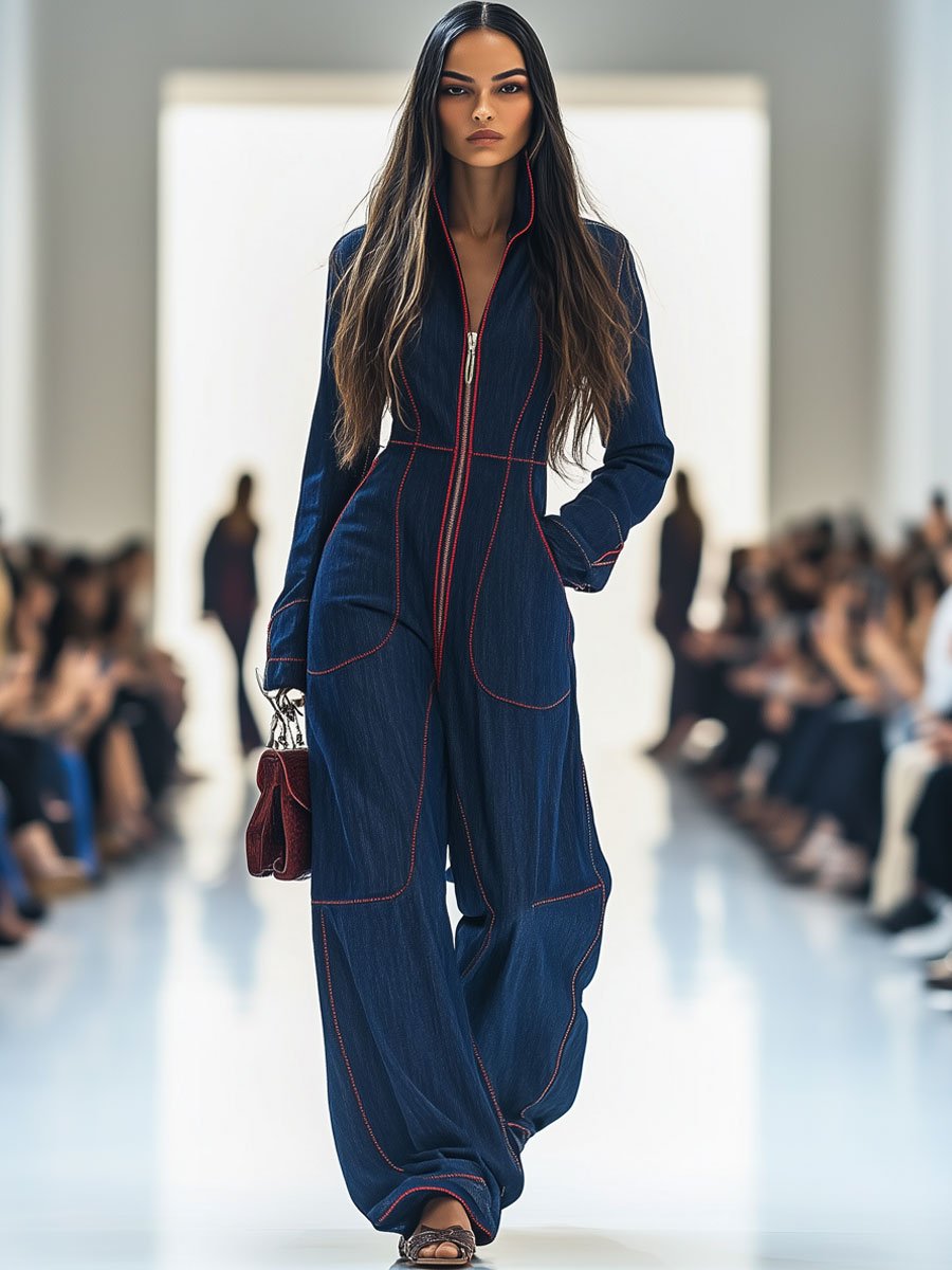 【24-hour shipping out】Casual Loose Retro Red Topstitched Denim Wide Leg Long Sleeve Jumpsuit
